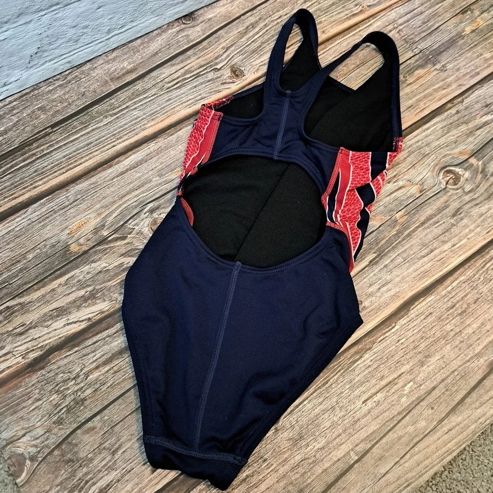 TYR‎ Girls Competition Swimsuit Navy Blue Red Flame Graphic Racerback Piece 24